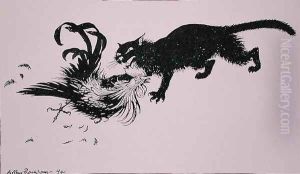 The Cat and the Cock, illustration from Aesops Fables, published by Heinemann, 1912