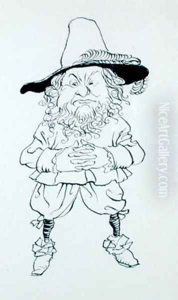 dressed in a quaint, outlandish fashion ...their visages, too, were peculiar; one had a large beard, broad face and small piggish eyes, illustration from The Story of Rip van Winkle, by Washington Irving, 1916 edition - view 1