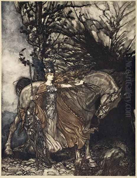 Brunnhilde with her horse at the mouth of the cave, illustration from The Rhinegold and the Valkyrie, 1910 - view 1