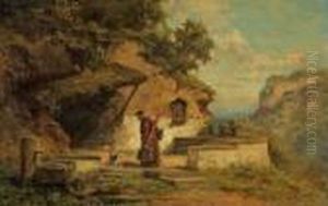 Monch In Bergigerlandschaft Mit Brunnen Und Andachtsbild by Willy Moralt