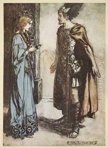 Siegfried hands the drinking horn back to Gutrune, and gazes at her with sudden passion, illustration from Siegfried and the Twilight of the Gods, 1924 by Arthur Rackham