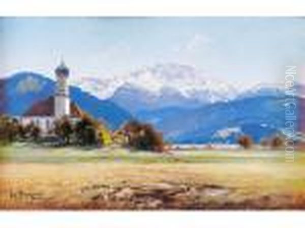 Oberbayerische Landschaft Mit Dorfkirchevor Verschneiten Bergen - view 1