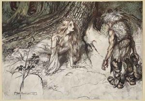 Mime finds the mother of Siegfried in the forest, illustration from Siegfried and the Twilight of the Gods, 1924 Mime finds the mother of Siegfried in the forest, illustration from Siegfried and the Twilight of the Gods, 1924