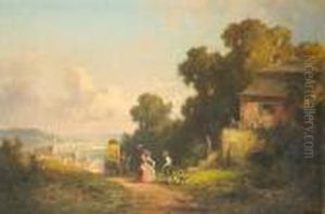 Figures And A Carriage On A Path With Avillage Beyond