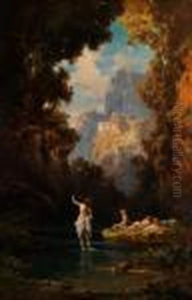 Badende Madchen An Einem Bach Im Wald - view 1