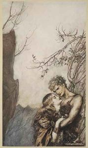 Brunnhilde throws herself into Siegfrieds arms, illustration from Siegfried and the Twilight of the Gods, 1924 by Arthur Rackham