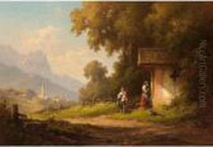 Figures Praying At A Road-side Chapel by Willy Moralt