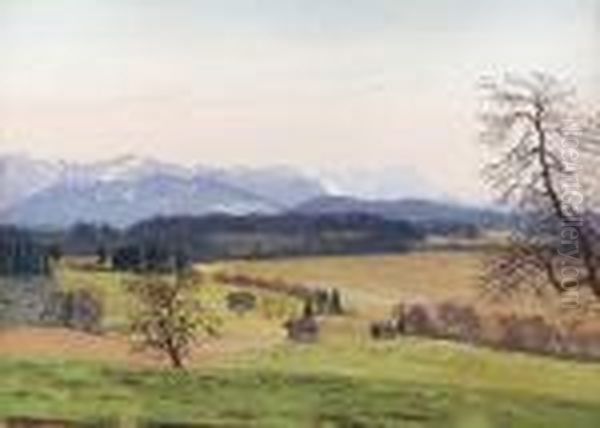Vorgebirgslandschaft Mit Blick Auf
 Die Zugspitze. - view 1