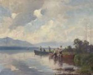 Fischer Beim Einholen Der Netze Am
 Ufer Des Chiemsees.