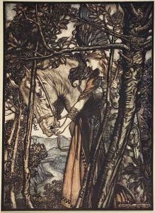 Brunnhilde slowly and silently leads her horse down the path to the cave, illustration from The Rhinegold and the Valkyrie, 1910 Brunnhilde slowly and silently leads her horse down the path to the cave, illustration from The Rhinegold and the Valkyrie, 1910