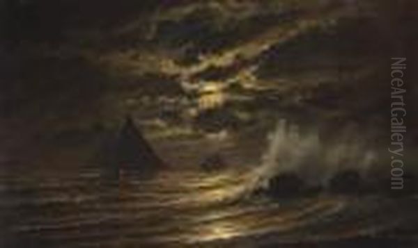 Skipjacks On The Chesapeake Bay At Moonlight by Edward Moran