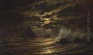 Skipjacks On The Chesapeake Bay At Moonlight by Edward Moran