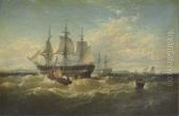 A Packet Ship Backing Sails In Outer Boston Harbor - view 1