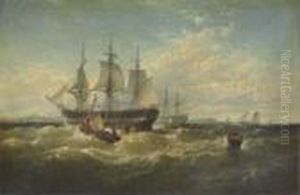 A Packet Ship Backing Sails In Outer Boston Harbor by Edward Moran