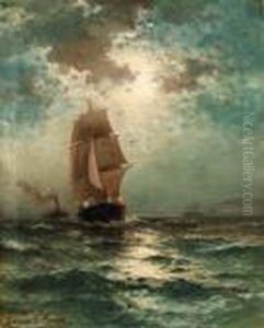 Square-rigged Shipping Vessel Sailing By Moonlight
Oil On Canvas by Edward Moran