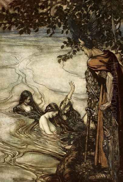Though gaily ye may laugh, in grief ye shall be left. For mocking maids, this ring ye ask shall never be yours, illustration from Siegfried and the Twilight of the Gods, 1924 - view 1