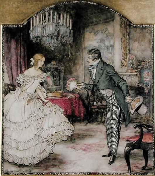 A young man presenting a bouquet to a girl standing in a drawing room - view 1