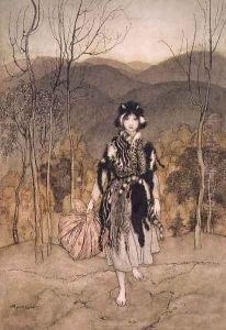 She Went Along, and Went Along, and Went Along Catskin, illustration from English Fairy Tales, retold by F.A Steel, 1918 by Arthur Rackham