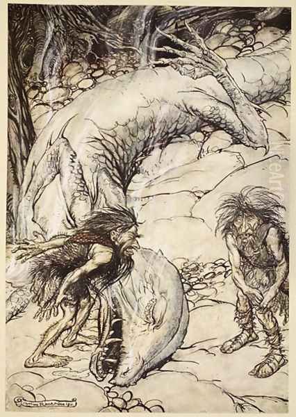 The dwarves quarrelling over the body of Fafner, illustration from Siegfried and the Twilight of the Gods, 1924 - view 1