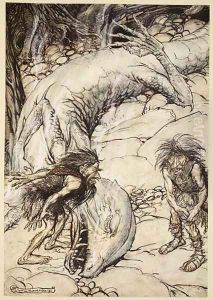 The dwarves quarrelling over the body of Fafner, illustration from Siegfried and the Twilight of the Gods, 1924 by Arthur Rackham