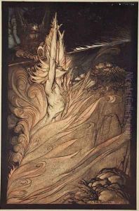 Appear, flickering fire, Encircle the rock with thy flame Loge Loge Appear, illustration from The Rhinegold and the Valkyrie, 1910 by Arthur Rackham