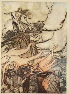 Siegfried leaves Brunnhilde in search of adventure, illustration from Siegfried and the Twilight of the Gods, 1924 by Arthur Rackham