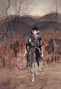 She went along, and went along, and went along dressed in catskin', illustration from English Fairy Tales retold by F.A. Steel, published 1918 by Arthur Rackham