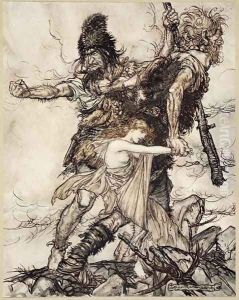 Fasolt suddenly seizes Freia and drags her to one side with Fafner, illustration from The Rhinegold and the Valkyrie, 1910 by Arthur Rackham
