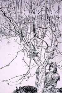 As I lay thynkynge, he rode upon his way, illustration from The Ingoldsby Legends, or Mirth and Marvels, by Thomas Ingoldsby, published 1898 by Arthur Rackham