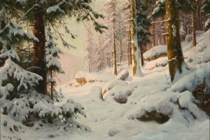 Forest Scene At Winter Time by Walter Moras