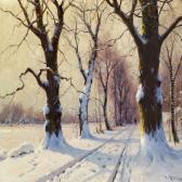 Winter Scene With A Man Walking In The Woods - view 1