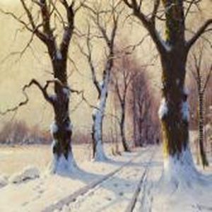 Winter Scene With A Man Walking In The Woods by Walter Moras