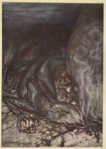 In dragons form Fafner now watches the hoard, illustration from Siegfried and the Twilight of the Gods, 1924 by Arthur Rackham