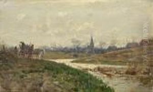 Fluslandschaft Mit Pferdekarren Und Dorfansicht.