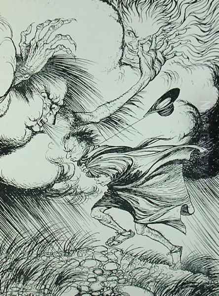 The North Wind and the Sun, illustration from Aesops Fables, published by Heinemann, 1912 - view 1