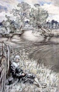 Izaak Walton reclining against a Fence, from The Compleat Angler by Izaak Walton, 1931 by Arthur Rackham