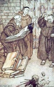 Illustration of The Jackdaw of Rheims, from The Ingoldsby Legends, written by Richard Harris Barham 1788-1845 in 1840 by Arthur Rackham