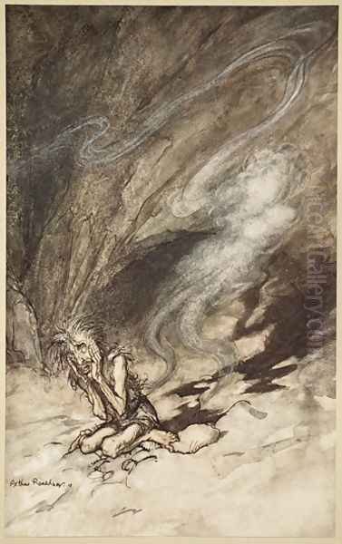 Mime writhes under the lashes he receives, illustration from The Rhinegold and the Valkyrie, 1910 - view 1