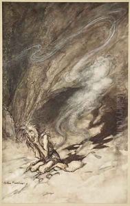 Mime writhes under the lashes he receives, illustration from The Rhinegold and the Valkyrie, 1910