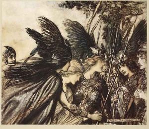 I flee for the first time and am pursued Warfather follows close. He nears, he nears, in fury Save this woman Sisters, your help, from The Rhinegold and the Valkyrie, 1910 by Arthur Rackham