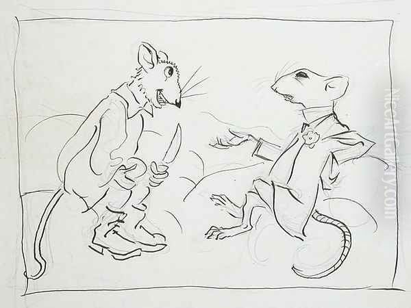 The Town Mouse and the Country Mouse, preliminary study for Aesops Fables, translated by V.S. Vernon Jones, published 1912 - view 1