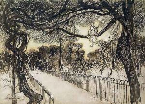 Peter Pan on a Branch, scene from Peter Pan in Kensington Gardens by J.M Barrie, 1912 by Arthur Rackham