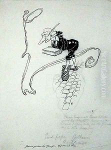 Jorumgander the Younger left his shop and approached them with a case of pens which he offered for sale, illustration from The Zankiwank and the Bletherwitch, by S.J. Adair Fitzgerald, published 1896 by Arthur Rackham