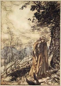 Brunnhilde stands for a long time, dazed and alarmed, illustration from The Rhinegold and the Valkyrie, 1910