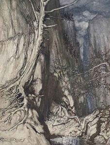 There is a dread Dragon he sojourns, And in a cave keeps watch over Alberichs ring, illustration from The Rhinegold and the Valkyrie, 1910 by Arthur Rackham