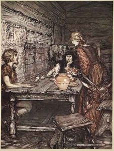Hundling discovers the likeness between Siegmund and Sieglunde, illustration from The Rhinegold and the Valkyrie, 1910