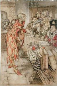 In did come the strangest figure, illustration from The Pied Piper of Hamelin, by Robert Browning by Arthur Rackham