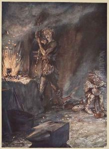 The forging of Nothung, illustration from Siegfried and the Twilight of the Gods, 1924 by Arthur Rackham