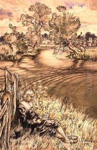 Izaak Walton Reclining Against a Fence, one of a series of illustrations from Izaak Walton, The Complete Angler by Arthur Rackham