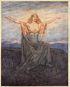 Sun, I hail thee! Hail, O light Hail, O glorious day, illustration from Siegfried and the Twilight of the Gods, 1924 by Arthur Rackham